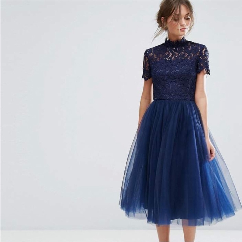 Chi Chi London High Neck Lace Midi Dress with Tull
